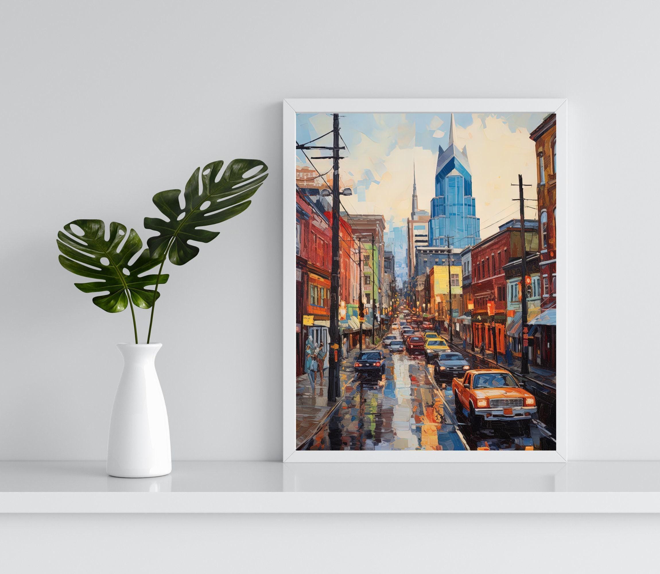 Nashville Cityscape Canvas Print, Urban Oil Painting Style, Wall