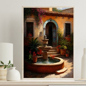 Mexican Courtyard Print Vertical, Mexican Garden Art, Wall Art Decor, Colorful Art Print, Mexican Art, Mexican Decor, Home Decor, Latino Art
