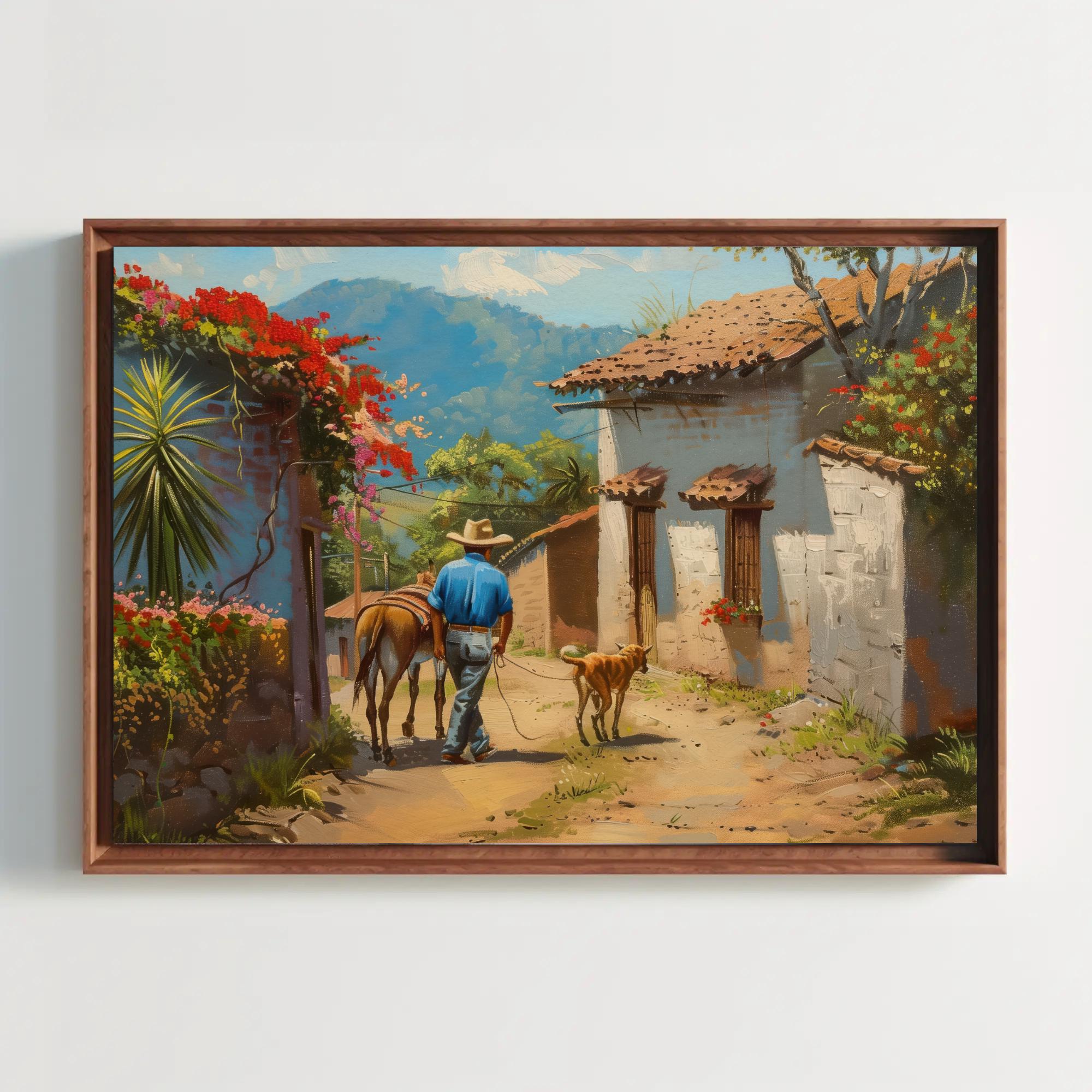 Framed Mexican Village Oil Painting | Man, Donkey, Dog Canvas Art