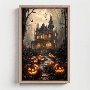 a painting of a house with pumpkins in front of it