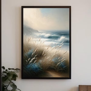 Waves of Sea and Tall Grass Beach Framed Canvas & Poster - Dynamic Ocean Art, Powerful Wave Wall Decor, Coastal Serenity, Ready to Hang