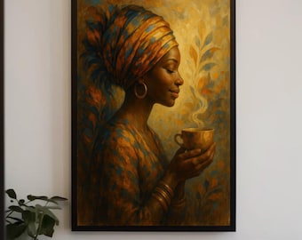 Black Woman Coffee Canvas Art | African American Kitchen Decor