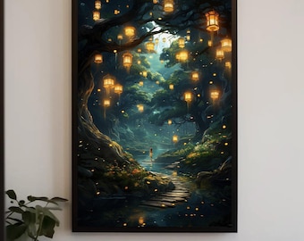 Lantern Forest Canvas Art | Magical Gloomy Landscape, Ready To Hang