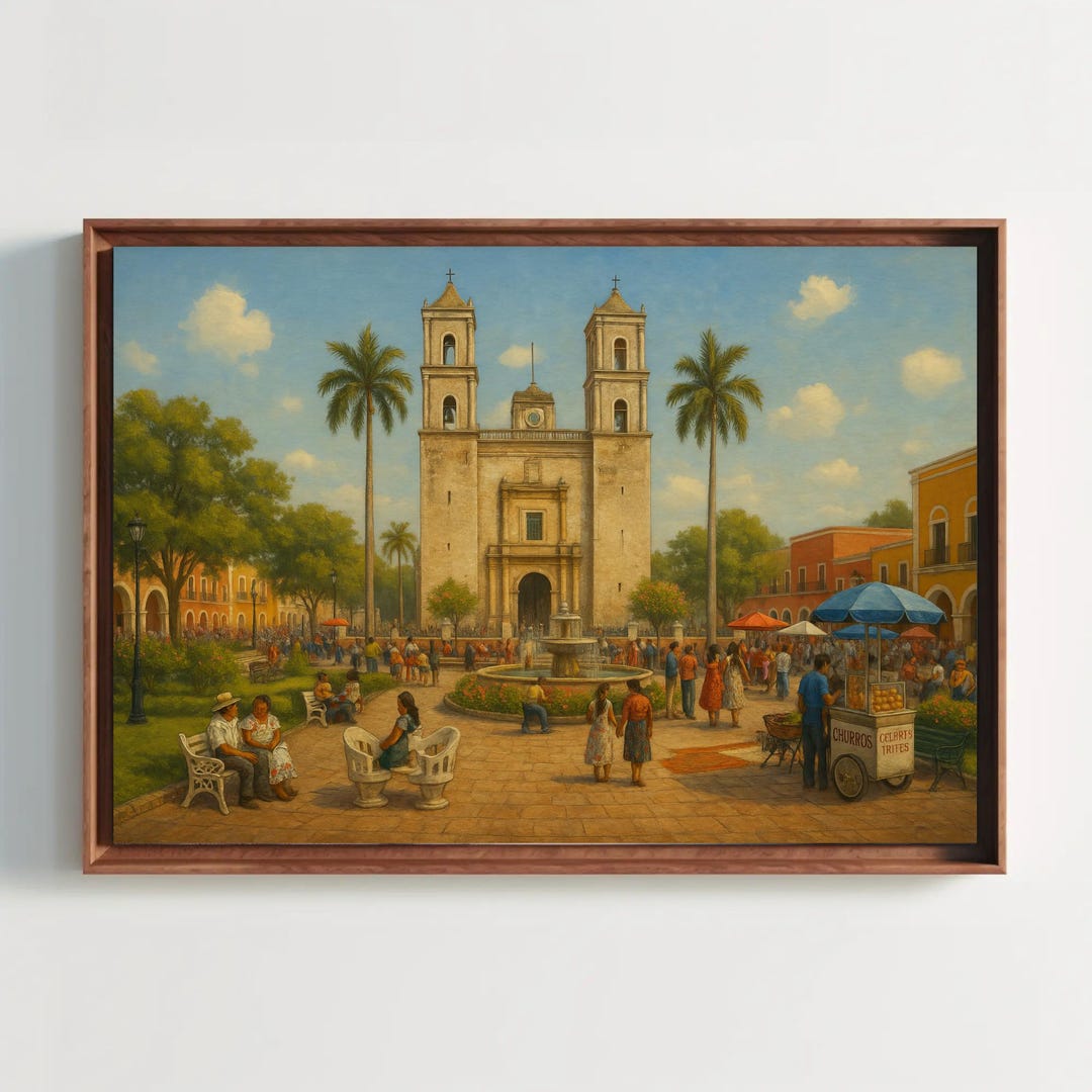 Mexican Church Plaza Canvas Print – Colonial Town Square Painting With ...