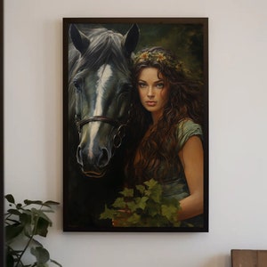 Epona Celtic Goddess of Horses Fertility and Nature - Premium Matte Wall Art - Celtic Mythology Painting - Framed Canvas