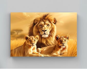 Lion Family Canvas Print | African Savannah Wildlife Art