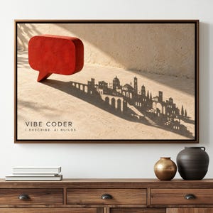 Vibe Coder Horizontal Canvas Wall Art, Red Speech Bubble Casting City Shadow, Sand Terracotta