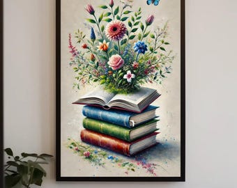 Lienzo impreso con diseño de libros botánicos, arte mural floral vintage para biblioteca, listo para colgar.