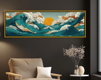 Teal Ocean Wave Canvas Print: Extra Large Panoramic Coastal Art