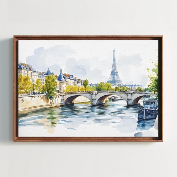 Seine River Watercolor Print, Paris Large Canvas Print, French Home Decor, Minimalist Paris Art, Framed Poster Ready To Hang