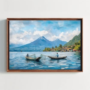 Guatemalan Fishermen on Lake Atitlán Canvas Print, Scenic Guatemala Landscape Painting, Cultural Wall Art for Living Room or Office Decor