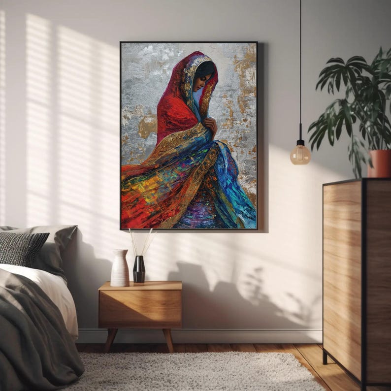 a painting of a woman sitting on a bed