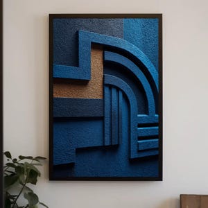 Blue Geometric Relief Canvas, Textured 3D Abstract Print, Modern Minimalist Wall Art