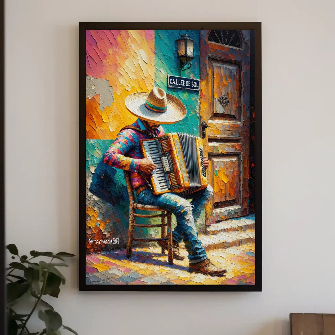Mariachero Playing Accordion in Mexico Painting, Mariachi Artwork