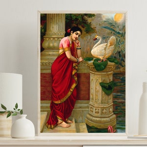 A swan telling Damayanti of Nala&#39;s love by Raja Ravi Varma (1900) Print, Vintage Indian Art, Indian Painting, High Quality Indian Print