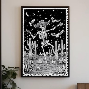 Skull Sombrero Canvas Print, Tattoo-Style Mexican Desert Art