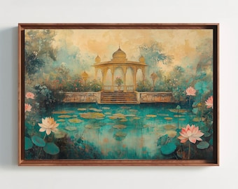 Mughal Pavilion Canvas Print – Teal & Gold Lotus Pond, Indian Palace Wall Art