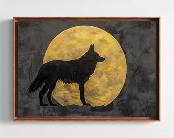 Minimalist Wolf Canvas Print - Gold Moon, Modern Wildlife Art