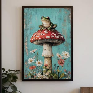 Frog on Mushroom Canvas Print, Whimsical Rainforest Art