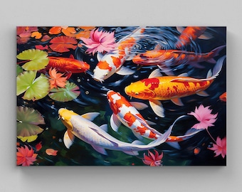 Colorful Koi Fish Pond Canvas, Large Wall Art