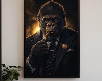 Suited Gorilla Canvas Print, Mafia Animal Wall Art, Man Cave Decor