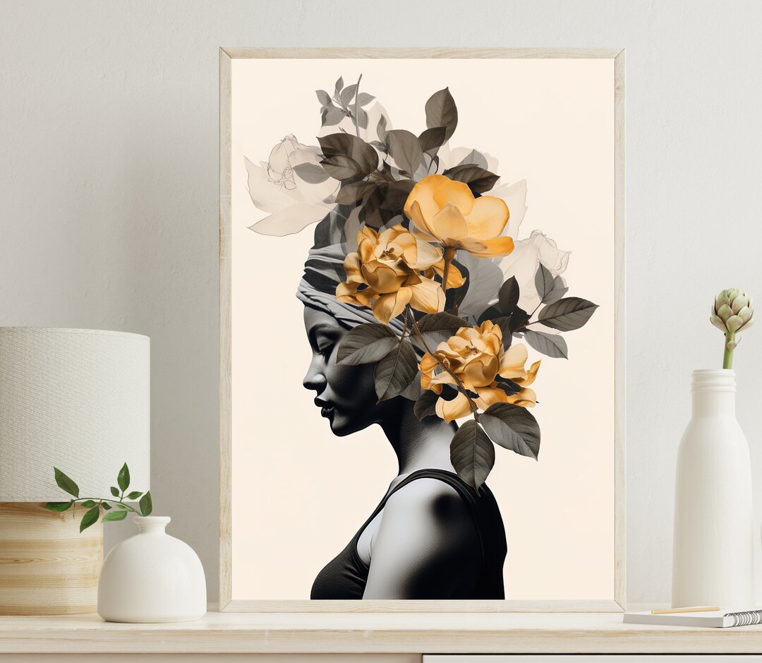 African Floral Head Woman Canvas, Black Woman Head Flowers Wall Art ...