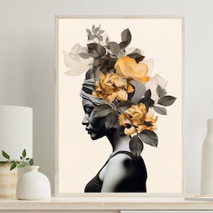 African Floral head woman canvas, Black woman Head flowers wall art, African American Home Decor, Black art, Large Canvas Afro art print