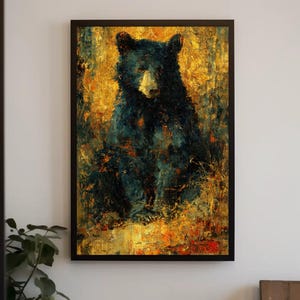 Black Bear Canvas Wall Art | Rustic Cabin Decor Vintage Oil Painting Print