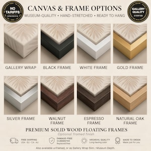 a variety of canvas and frame options, including different colors, materials, and finishes, presented in a grid format.