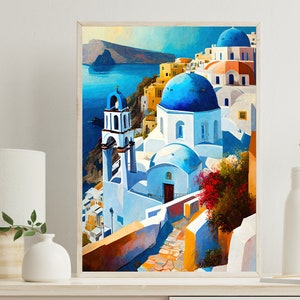 Santorini Travel Poster Large Canvas Santorini Greece Print Wall Art European Cities Prints Greece Travel Poster Mediterranean Wall Decor