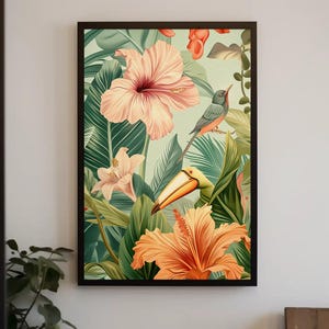 Tropical Plant Birds and Flowers Canvas | Vibrant Jungle Nature Wall Art | Framed Botanical Decor for Living Room, Bedroom, Garden Room