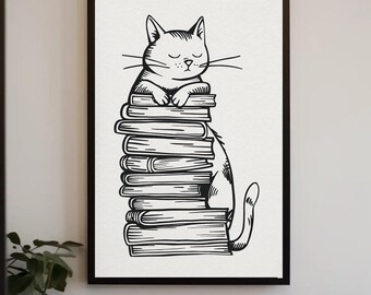 Cat with Books Canvas Print, Library Wall Art