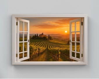 Tuscany Vineyard Sunset Canvas Print: Open Window View