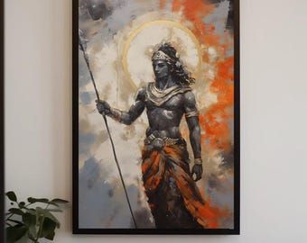 Pode incluir: Uma impressão de arte de parede emoldurada retratando uma figura de pele escura com uma lança, vestindo uma peça drapeada laranja e preta. A figura está diante de um grande halo circular dourado brilhante contra um fundo de pinceladas abstratas laranja, cinza e brancas.