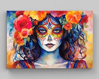 La Calavera Catrina Canvas Print, Mexican Sugar Skull Folk Art