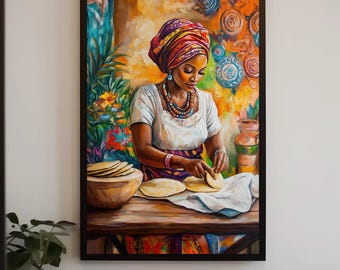 African Woman Kitchen Canvas Print, Colorful Rustic Kitchen Art