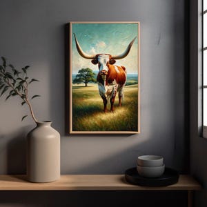 a painting of a bull standing in a field