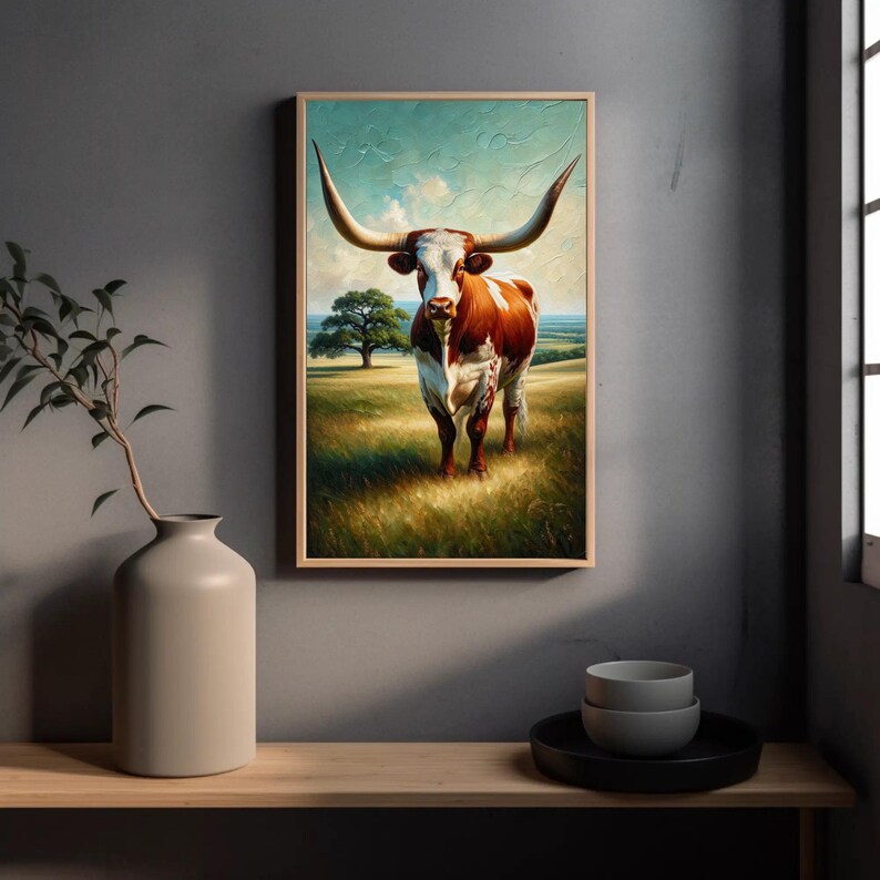a painting of a bull standing in a field