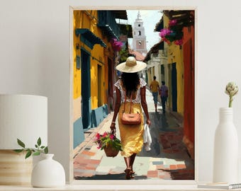 May include: A vertical wall art print depicting a sunlit street scene with yellow buildings, a person wearing a wide-brimmed straw hat, a white lace top, and a yellow skirt, carrying a brown shoulder bag and a basket filled with pink flowers.