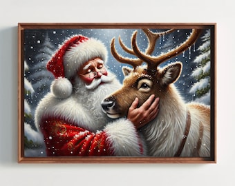 Santa and Reindeer Canvas Print, Heartwarming Christmas Wall Art, Framed