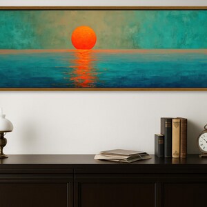 Abstract Ocean Sunset Canvas Wall Art, Teal Blue Seascape Panoramic Painting
