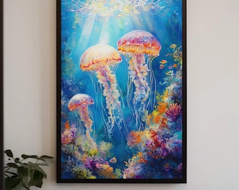 Jellyfish Canvas Print, Ethereal Coral Reefs Oil Painting, Ocean Wall Art