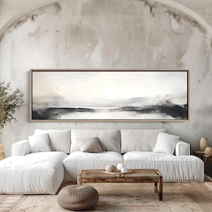 Abstract Neutral Watercolor Landscape Canvas, Long Panoramic Framed Wall Art