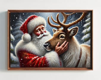 Santa and Reindeer Canvas Print, Heartwarming Christmas Wall Art, Framed