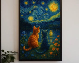 Starry Night Cats Canvas Print, Van Gogh Parody Wall Art