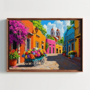 Flower Street of Mexico Painting | Mexican Canvas Print | Vibrant Mexican Wall Art | Framed Colorful Poster for Living Room | Ready to Hang