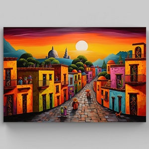 Mexican Oil Painting, Modern Mexican Wall Art Decor, Colorful Art Print, Mexican Landscape Art, Mexican Decor, Home Decor, Canvas Wall Art