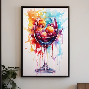 Wine Glass Watercolor Painting - Wine Glass with Wine and Fruits Kitchen Wall Decor - Wine Art Print for Home Bar and Wall Art