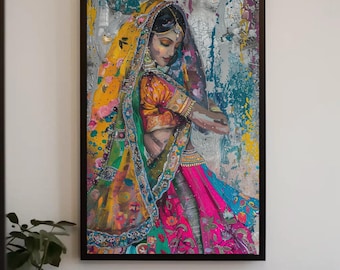 Colorful Indian Woman Art | Traditional Saree Painting, Ready to Hang