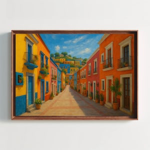 Colorful Streets of Guanajuato Mexico Canvas Print, Bright Colonial Architecture Painting, Vibrant Cityscape Wall Art for Home or Office